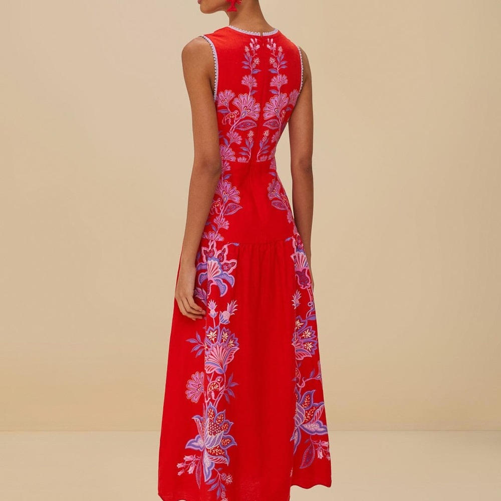 Farm Rio Red Porcelain Garden Euroflax™ Premium Linen Midi Dress - Picture 3 of 10